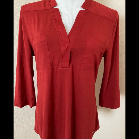 Red blouse 3/4 sleeves V neck Calvin Klein knit top 
roll up sleeves blouse top - Picture 4 of 9